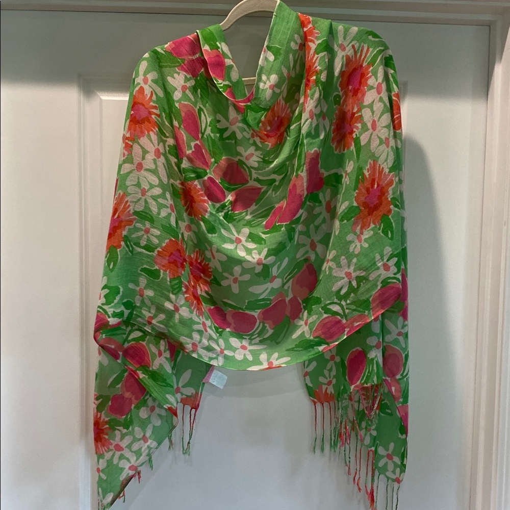 Lilly Pulitzer Green Scarf with Pink & Coral Floral Print